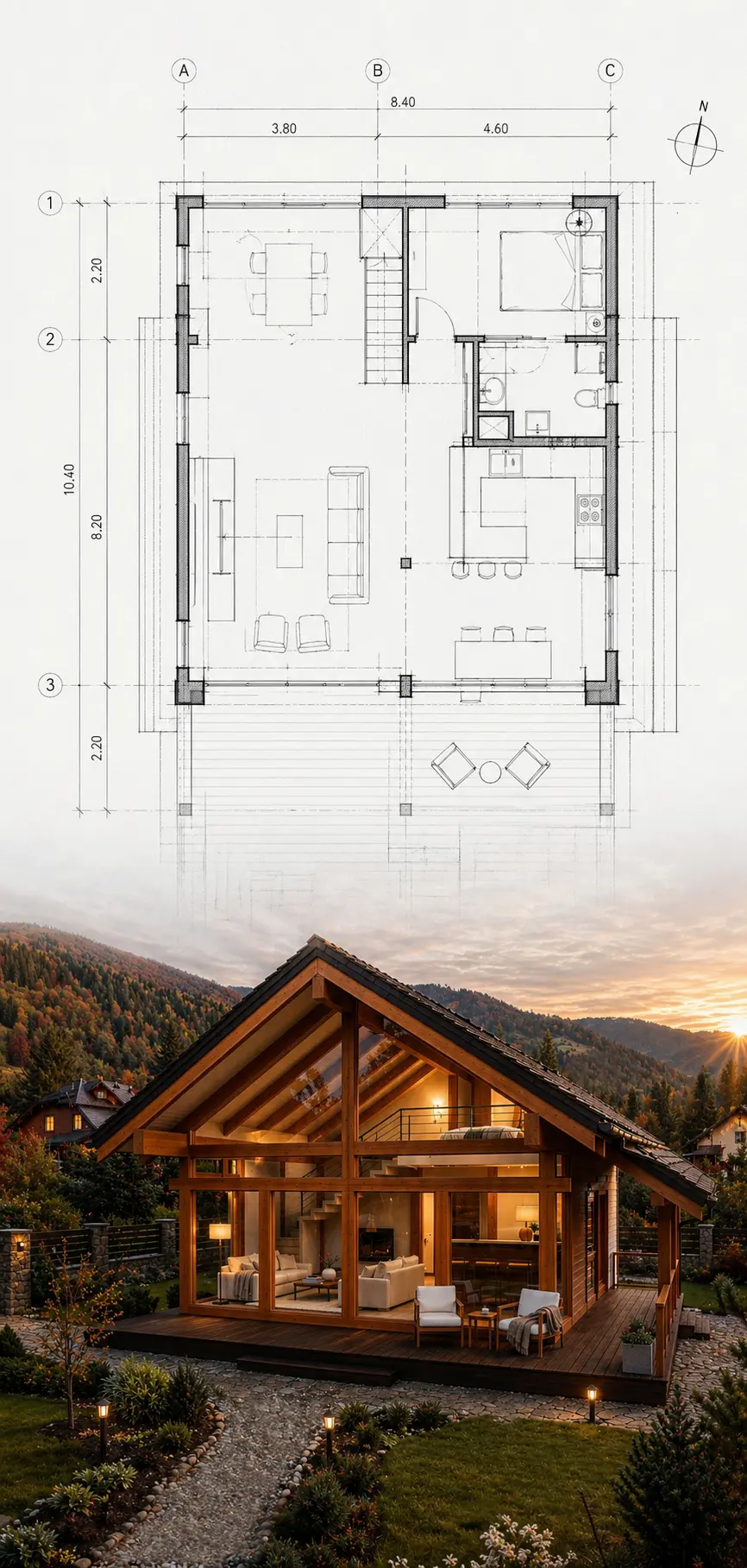 Architectural plan fading into a compact Soleta house